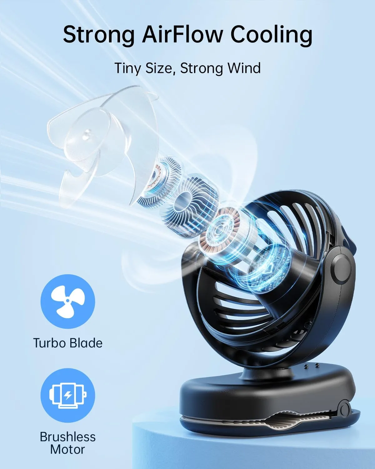 SWEETFULL Stroller Fan with Clip - Portable Rechargeable Mini Fan with Strong Clamp, 3 Speeds, 11Hrs Cooling, Cute Small Personal Desk Cooler for Bed Pet Carriers Umbrell Travel Outdoor - Black