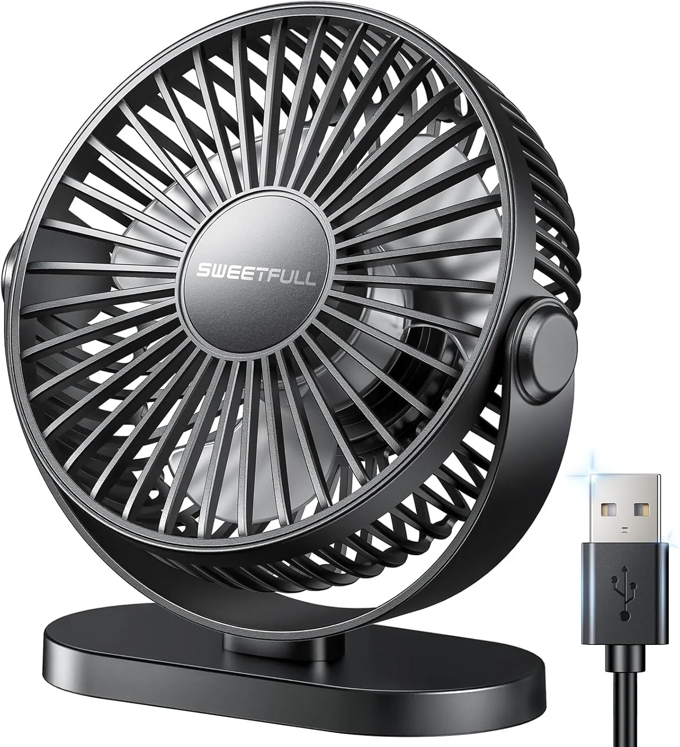 SWEETFULL USB Desk Fan Small Quiet - 3 Speeds Mini Personal Portable Fan 360 Rotation Adjustable, 5.5 Inch Office Table Cooling Gadgets on Desktop (Black) USB desktop fan for workspace