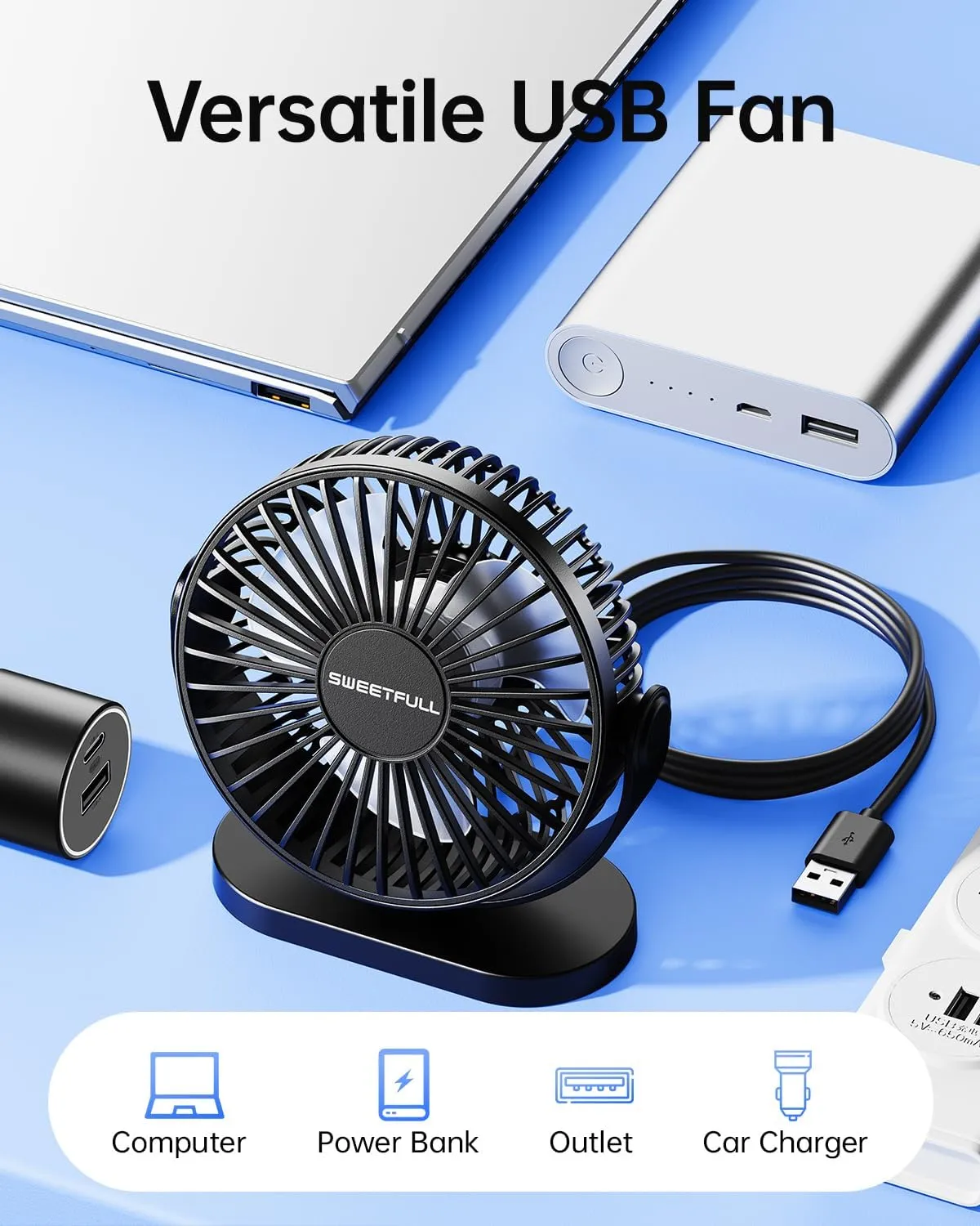SWEETFULL USB Desk Fan Small Quiet - 3 Speeds Mini Personal Portable Fan 360 Rotation Adjustable, 5.5 Inch Office Table Cooling Gadgets on Desktop (Black)