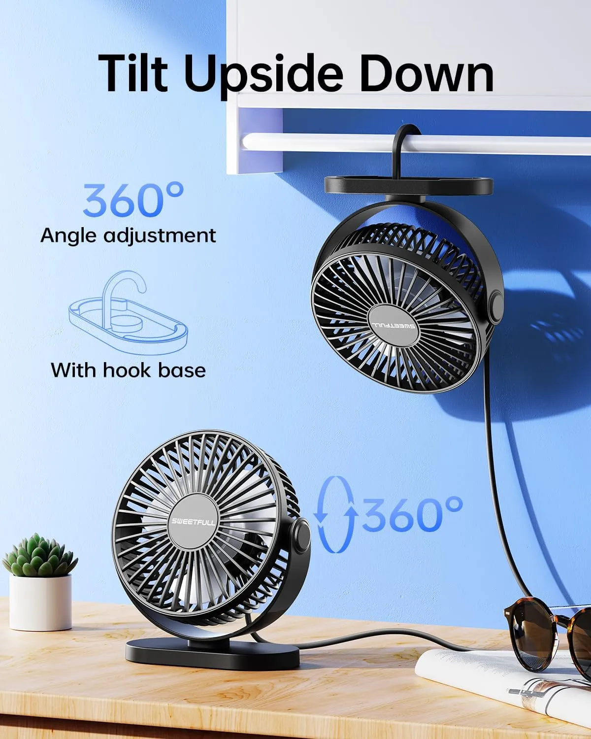 SWEETFULL USB Desk Fan Small Quiet - 3 Speeds Mini Personal Portable Fan 360 Rotation Adjustable, 5.5 Inch Office Table Cooling Gadgets on Desktop (Black)