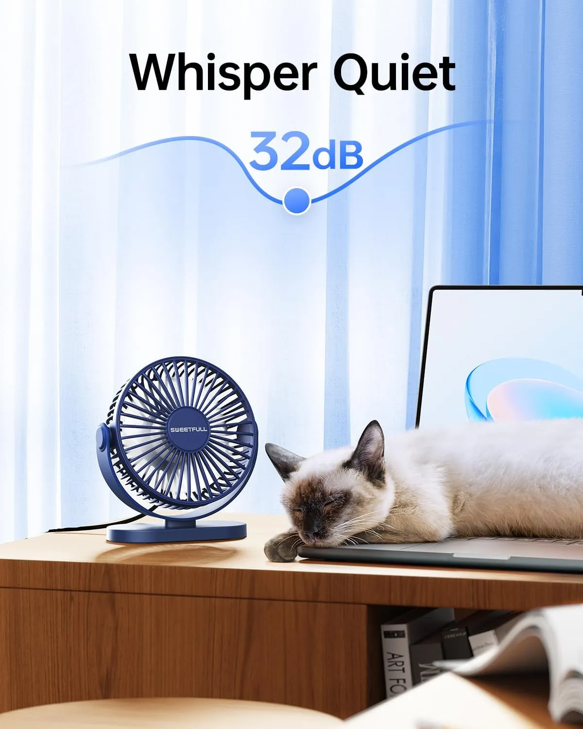 SWEETFULL USB Desk Fan Small Quiet - 3 Speeds Mini Personal Portable Fan 360 Rotation Adjustable, 5.5 Inch Office Table Cooling Gadgets on Desktop (Blue)