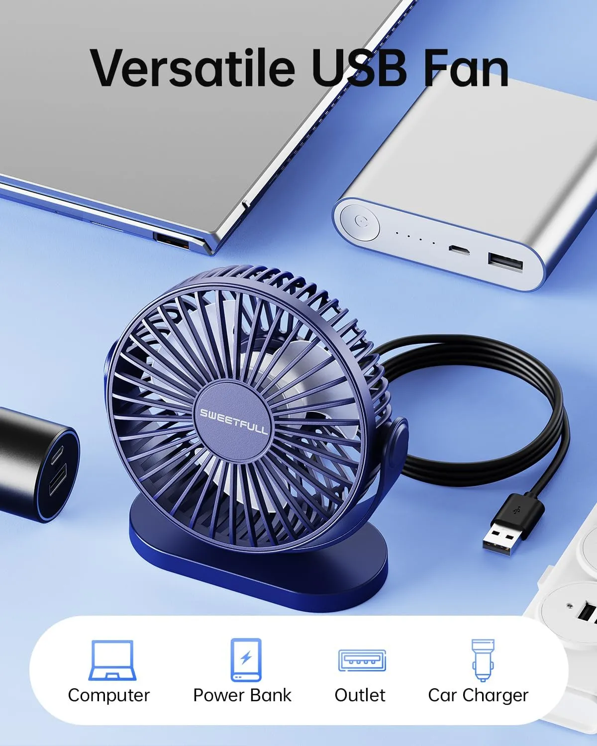 SWEETFULL USB Desk Fan Small Quiet - 3 Speeds Mini Personal Portable Fan 360 Rotation Adjustable, 5.5 Inch Office Table Cooling Gadgets on Desktop (Blue)