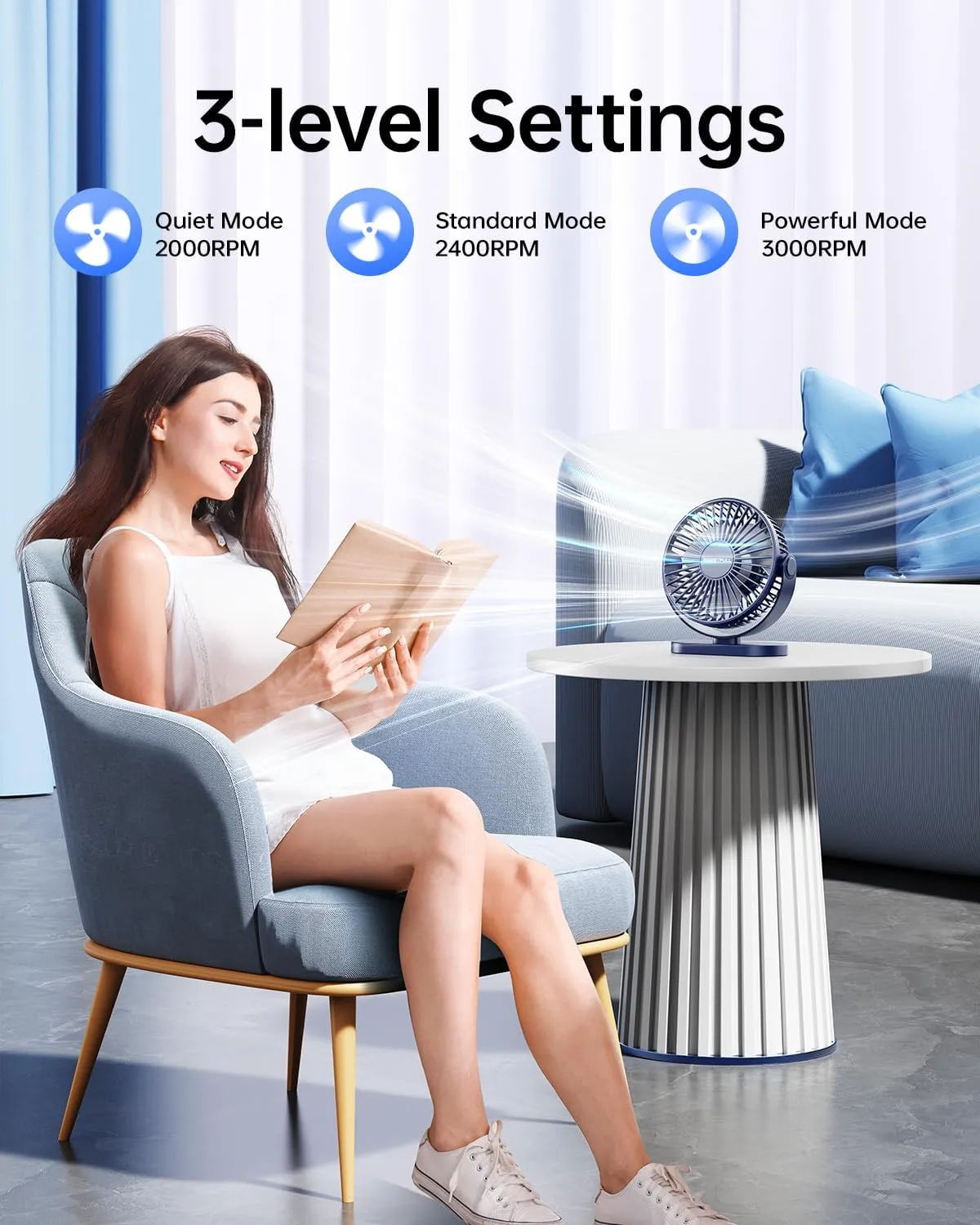 SWEETFULL USB Desk Fan Small Quiet - 3 Speeds Mini Personal Portable Fan 360 Rotation Adjustable, 5.5 Inch Office Table Cooling Gadgets on Desktop (Blue)
