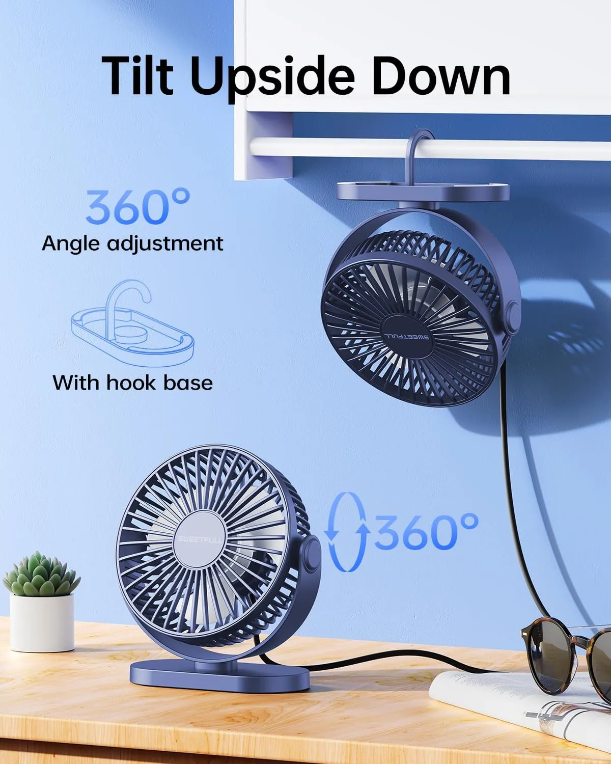 SWEETFULL USB Desk Fan Small Quiet - 3 Speeds Mini Personal Portable Fan 360 Rotation Adjustable, 5.5 Inch Office Table Cooling Gadgets on Desktop (Blue)