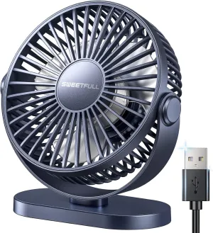 SWEETFULL USB Desk Fan Small Quiet - 3 Speeds Mini Personal Portable Fan 360 Rotation Adjustable, 5.5 Inch Office Table Cooling Gadgets on Desktop (Blue) USB desktop fan for workspace