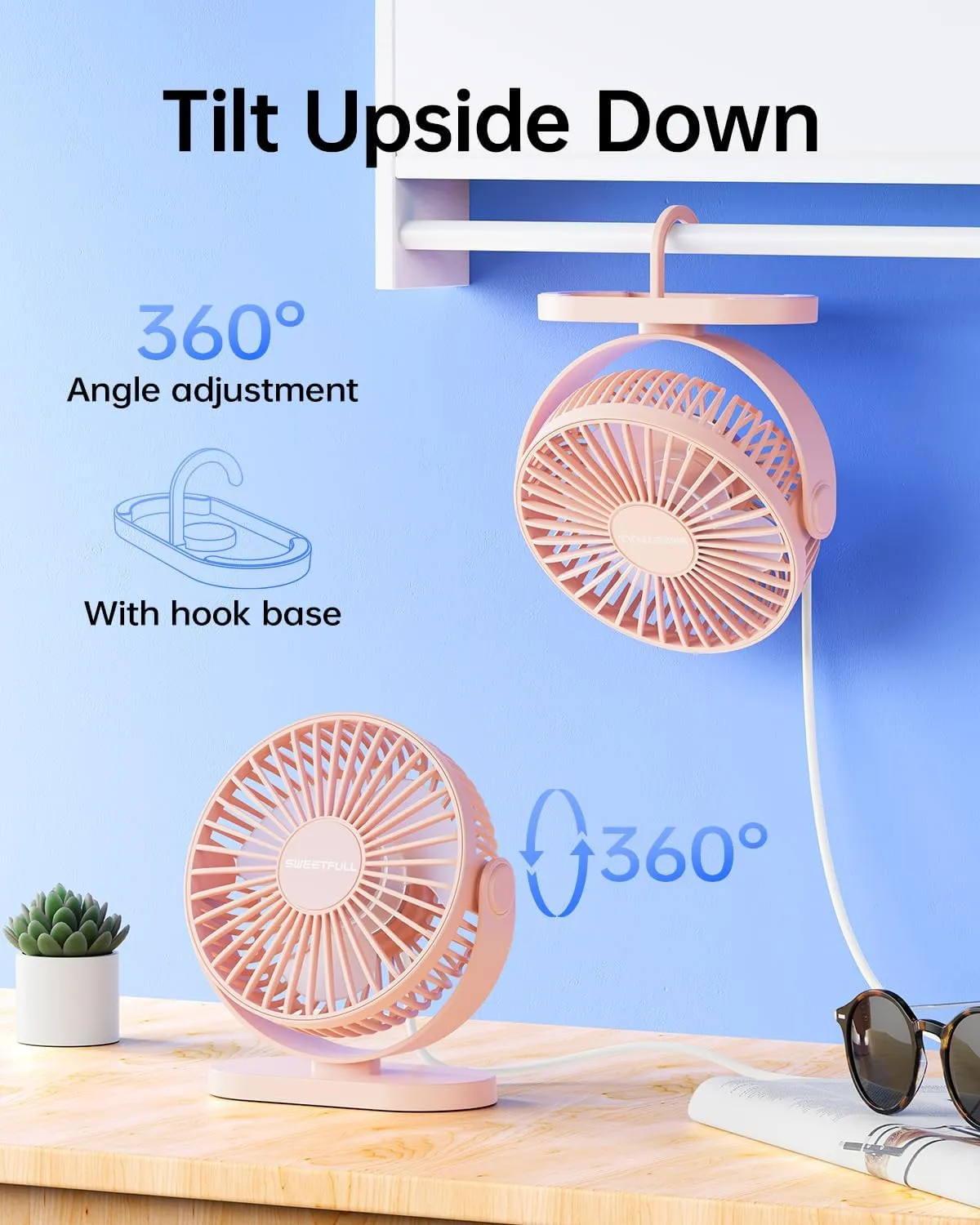 SWEETFULL USB Desk Fan Small Quiet - 3 Speeds Mini Personal Portable Fan 360 Rotation Adjustable, 5.5 Inch Office Table Cooling Gadgets on Desktop (Pink)