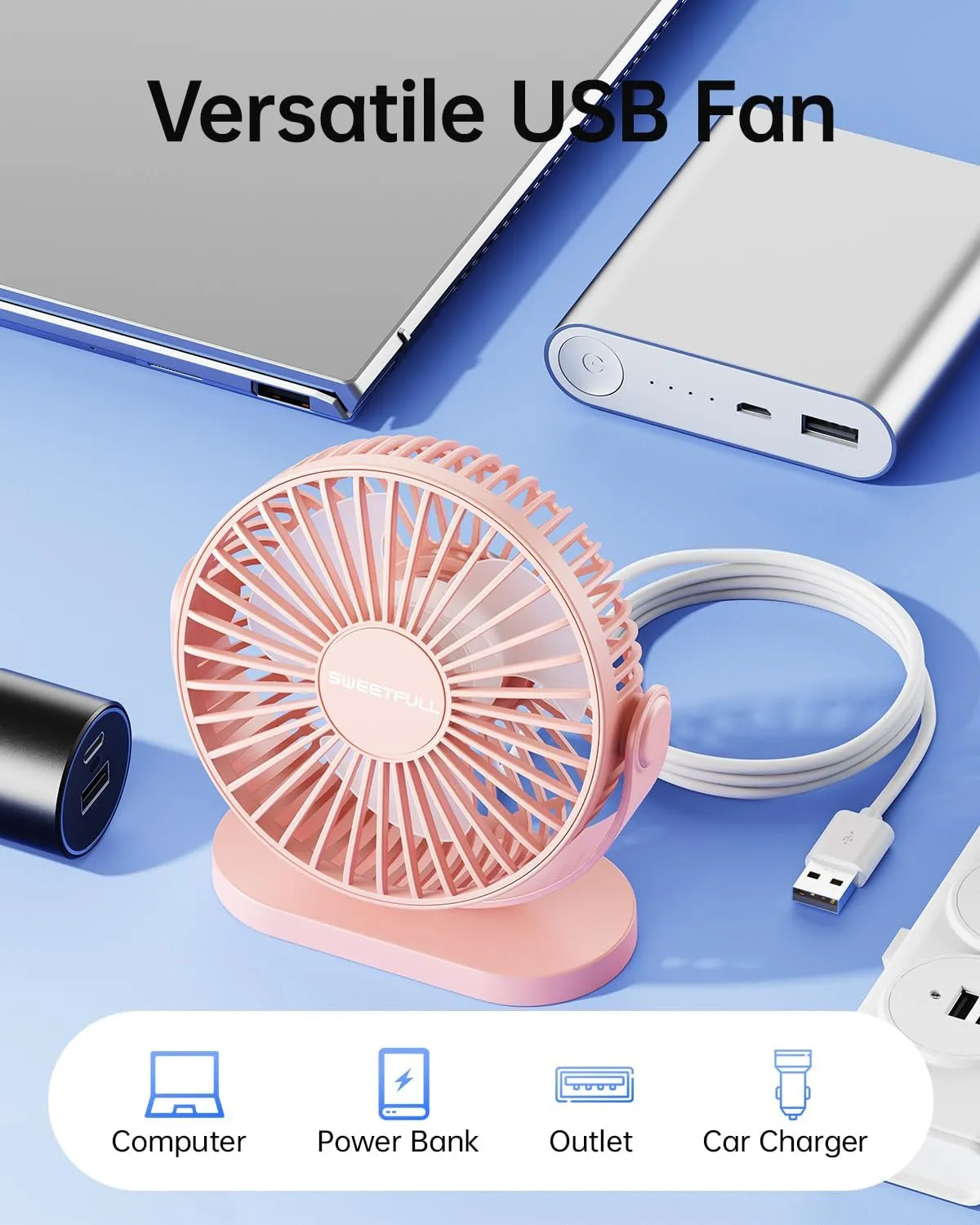 SWEETFULL USB Desk Fan Small Quiet - 3 Speeds Mini Personal Portable Fan 360 Rotation Adjustable, 5.5 Inch Office Table Cooling Gadgets on Desktop (Pink)