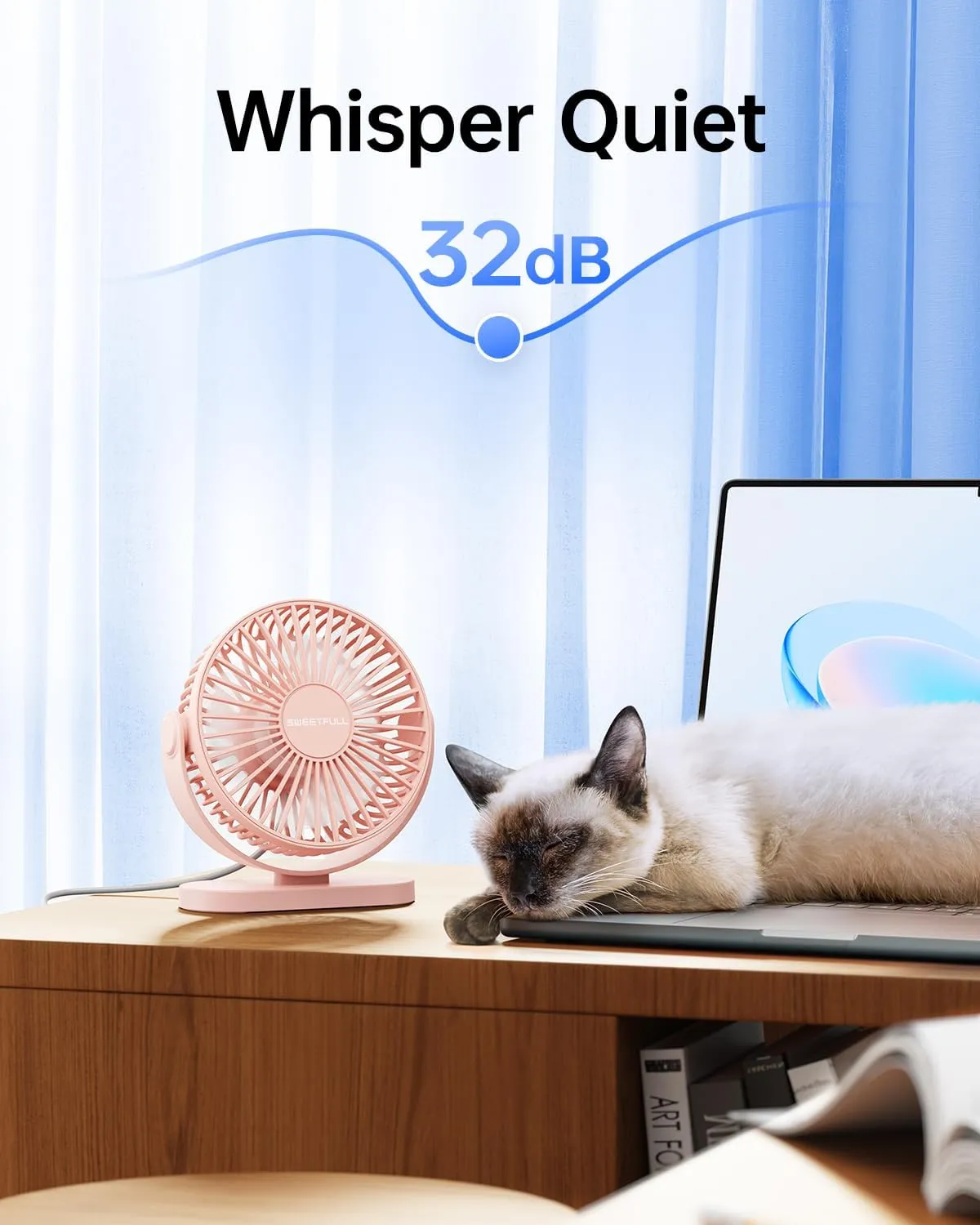 SWEETFULL USB Desk Fan Small Quiet - 3 Speeds Mini Personal Portable Fan 360 Rotation Adjustable, 5.5 Inch Office Table Cooling Gadgets on Desktop (Pink)