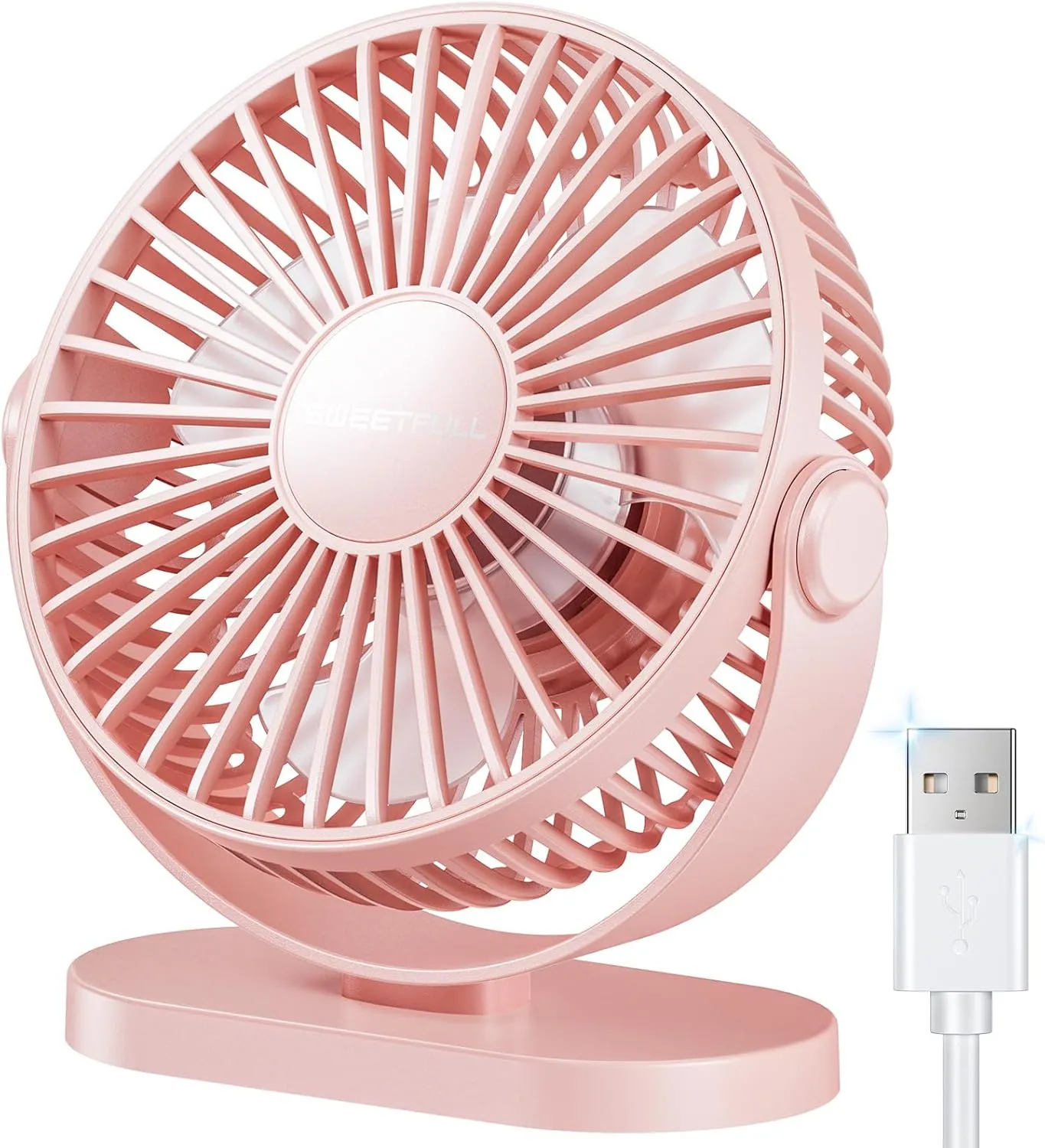 SWEETFULL USB Desk Fan Small Quiet - 3 Speeds Mini Personal Portable Fan 360 Rotation Adjustable, 5.5 Inch Office Table Cooling Gadgets on Desktop (Pink) USB desktop fan for workspace