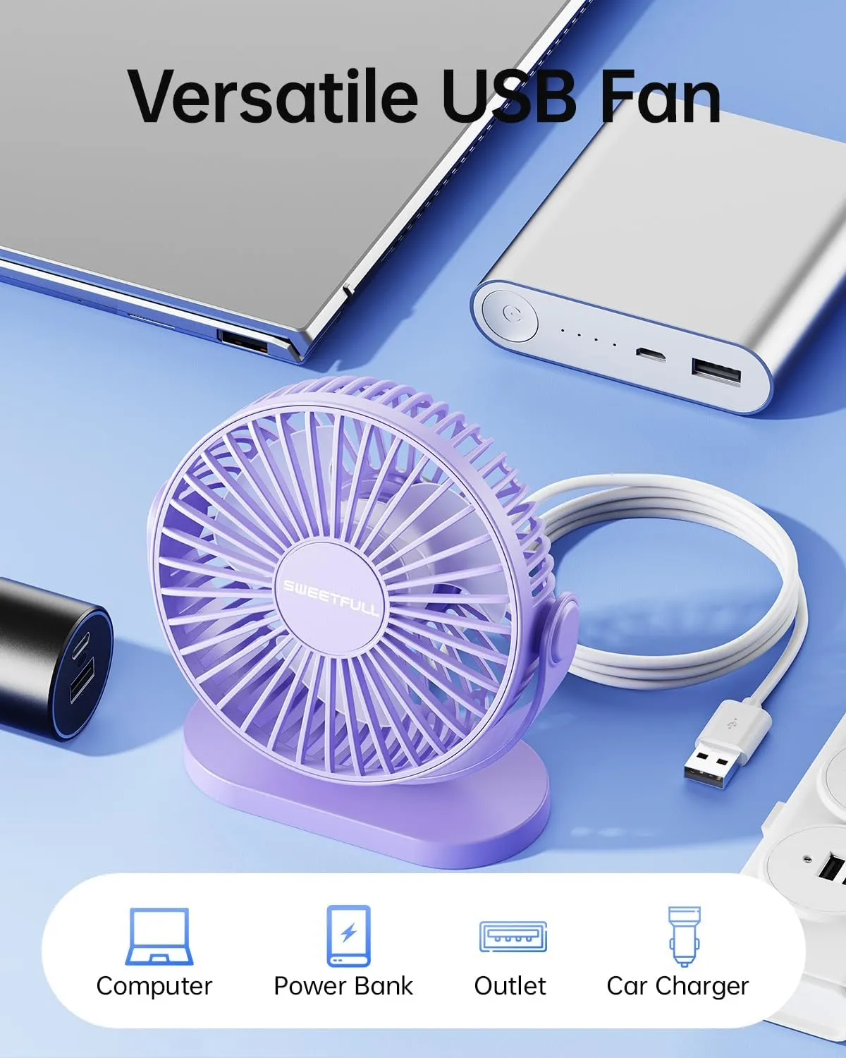 SWEETFULL USB Desk Fan Small Quiet - 3 Speeds Mini Personal Portable Fan 360 Rotation Adjustable, 5.5 Inch Office Table Cooling Gadgets on Desktop (Purple)