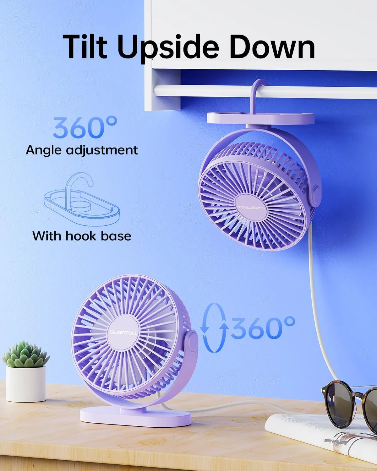 SWEETFULL USB Desk Fan Small Quiet - 3 Speeds Mini Personal Portable Fan 360 Rotation Adjustable, 5.5 Inch Office Table Cooling Gadgets on Desktop (Purple)