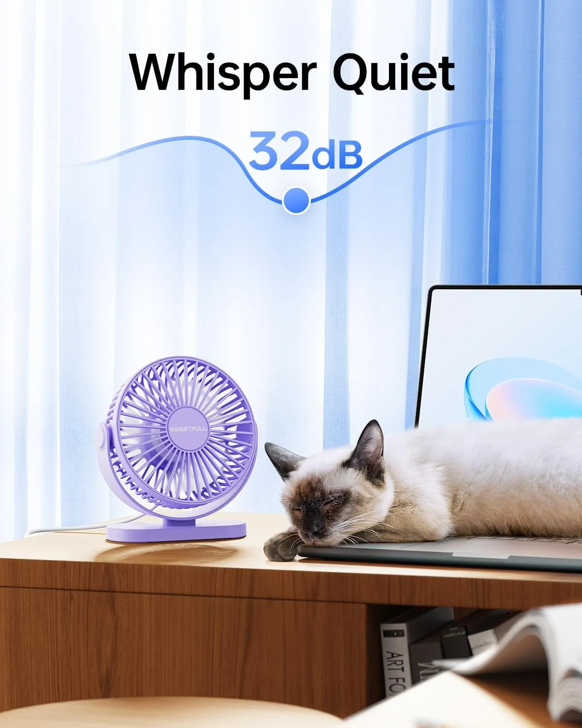 SWEETFULL USB Desk Fan Small Quiet - 3 Speeds Mini Personal Portable Fan 360 Rotation Adjustable, 5.5 Inch Office Table Cooling Gadgets on Desktop (Purple)