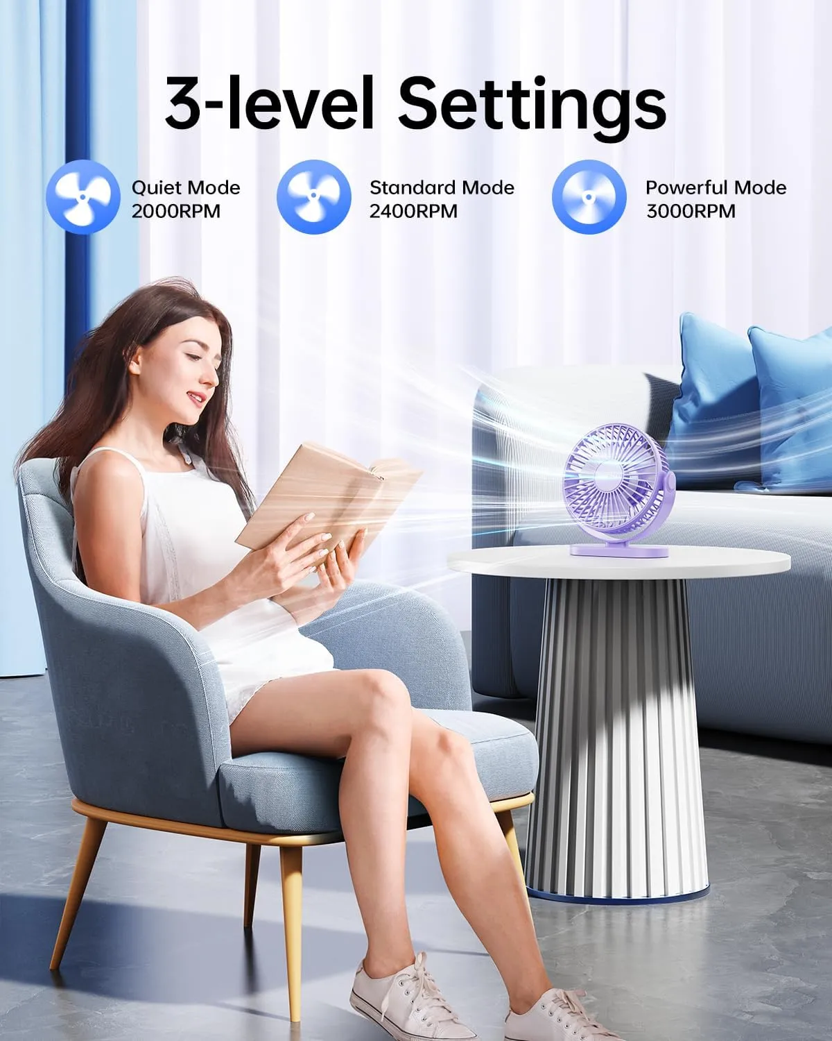 SWEETFULL USB Desk Fan Small Quiet - 3 Speeds Mini Personal Portable Fan 360 Rotation Adjustable, 5.5 Inch Office Table Cooling Gadgets on Desktop (Purple)