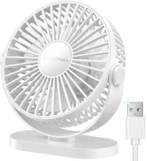 SWEETFULL USB Desk Fan Small Quiet - 3 Speeds Mini Personal Portable Fan 360 Rotation Adjustable, 5.5 Inch Office Table Cooling Gadgets on Desktop (White) USB desktop fan for workspace