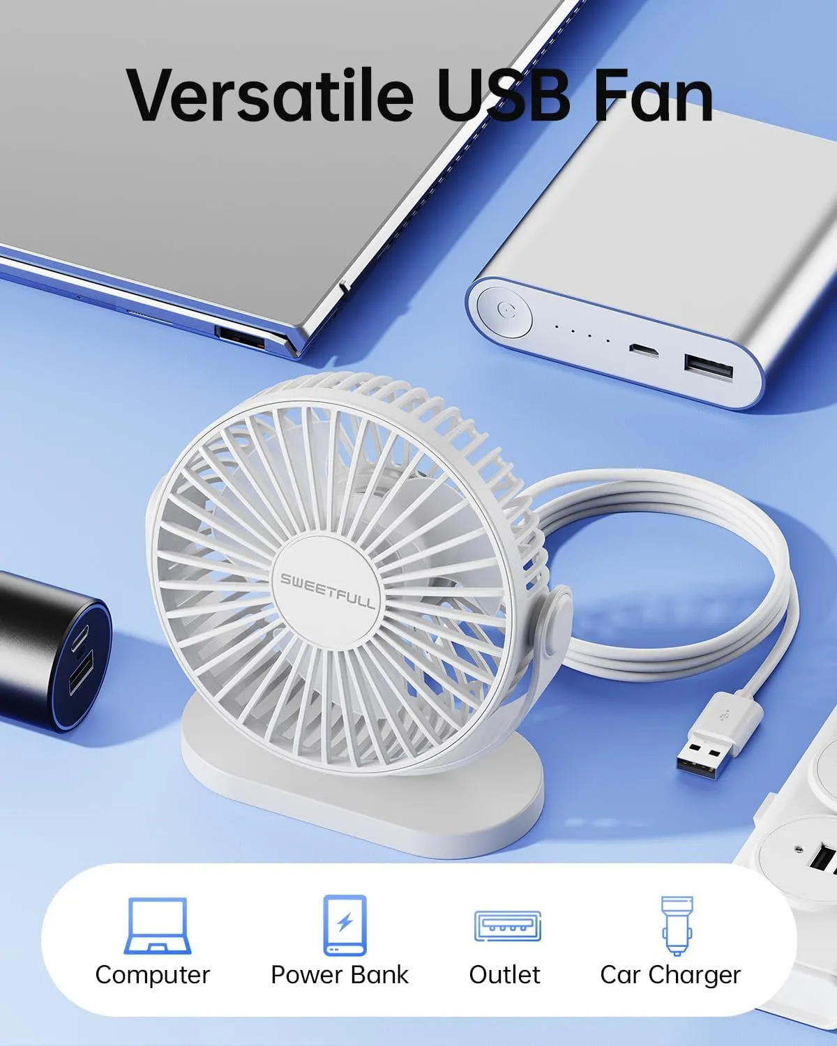 SWEETFULL USB Desk Fan Small Quiet - 3 Speeds Mini Personal Portable Fan 360 Rotation Adjustable, 5.5 Inch Office Table Cooling Gadgets on Desktop (White)