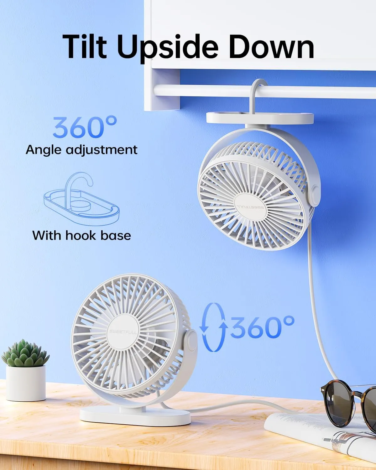 SWEETFULL USB Desk Fan Small Quiet - 3 Speeds Mini Personal Portable Fan 360 Rotation Adjustable, 5.5 Inch Office Table Cooling Gadgets on Desktop (White)