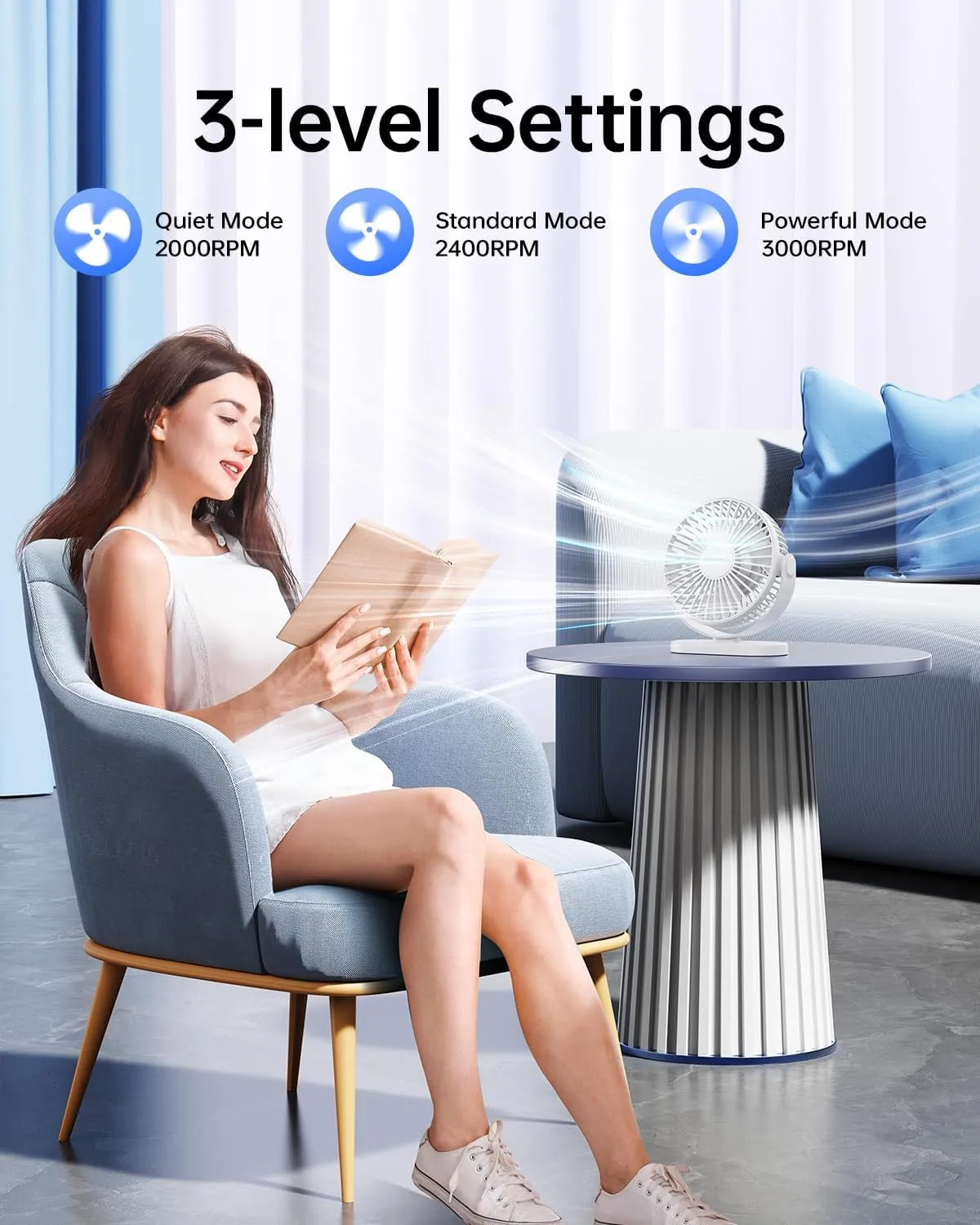 SWEETFULL USB Desk Fan Small Quiet - 3 Speeds Mini Personal Portable Fan 360 Rotation Adjustable, 5.5 Inch Office Table Cooling Gadgets on Desktop (White)