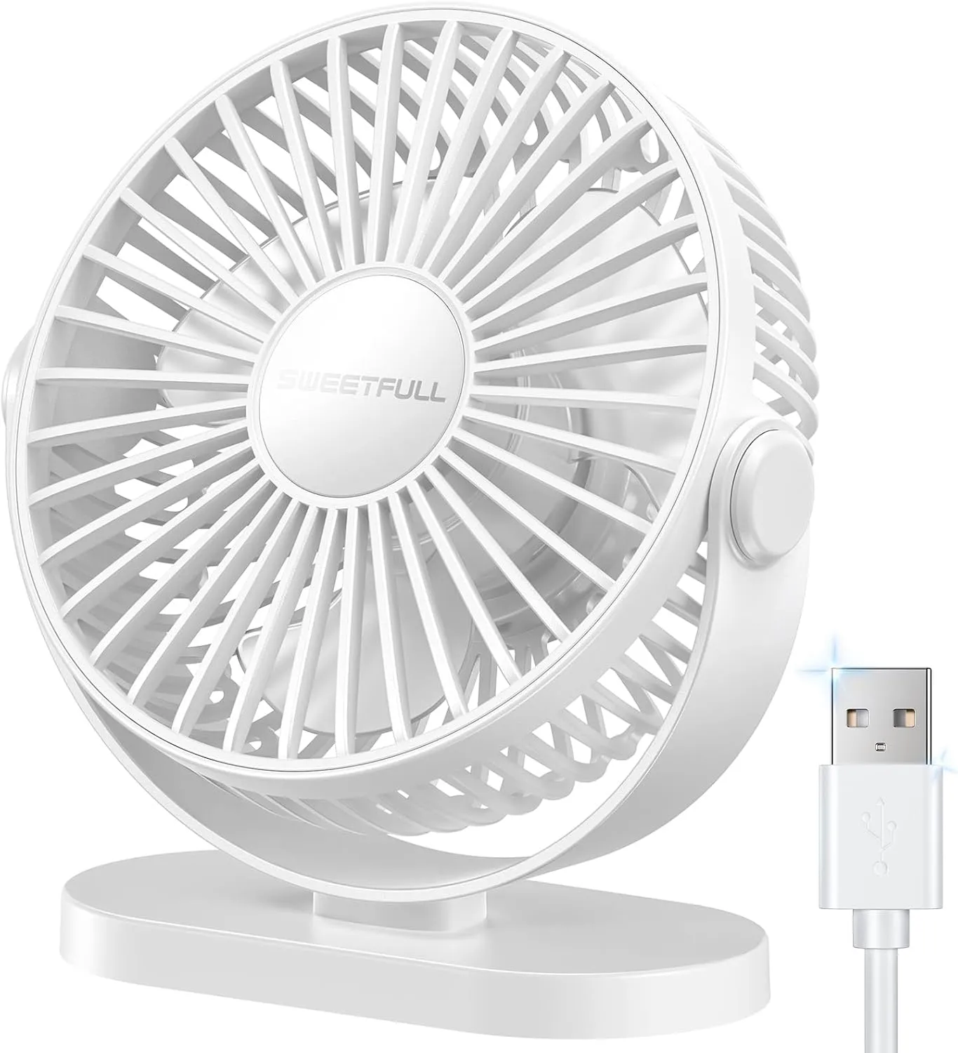 SWEETFULL USB Desk Fan Small Quiet - 3 Speeds Mini Personal Portable Fan 360 Rotation Adjustable, 5.5 Inch Office Table Cooling Gadgets on Desktop (White) USB desktop fan for workspace