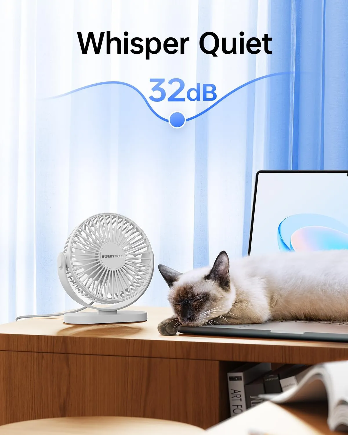 SWEETFULL USB Desk Fan Small Quiet - 3 Speeds Mini Personal Portable Fan 360 Rotation Adjustable, 5.5 Inch Office Table Cooling Gadgets on Desktop (White)