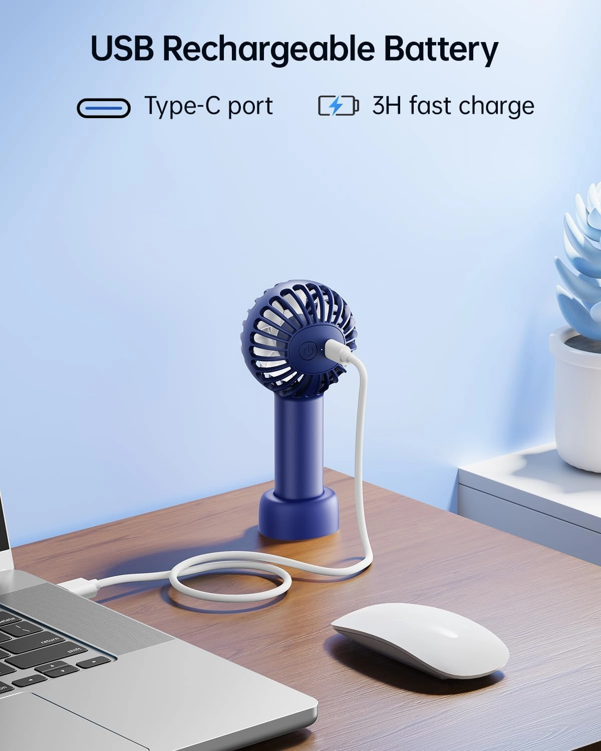 SWEETFULL Mini Portable Fan Powerful Handheld Fan Rechargeable,3 Speeds Personal Small Hand Fan for Travel Makeup Eyelash Fan for Stylish Kids Girls Women USB Cute Design Blue