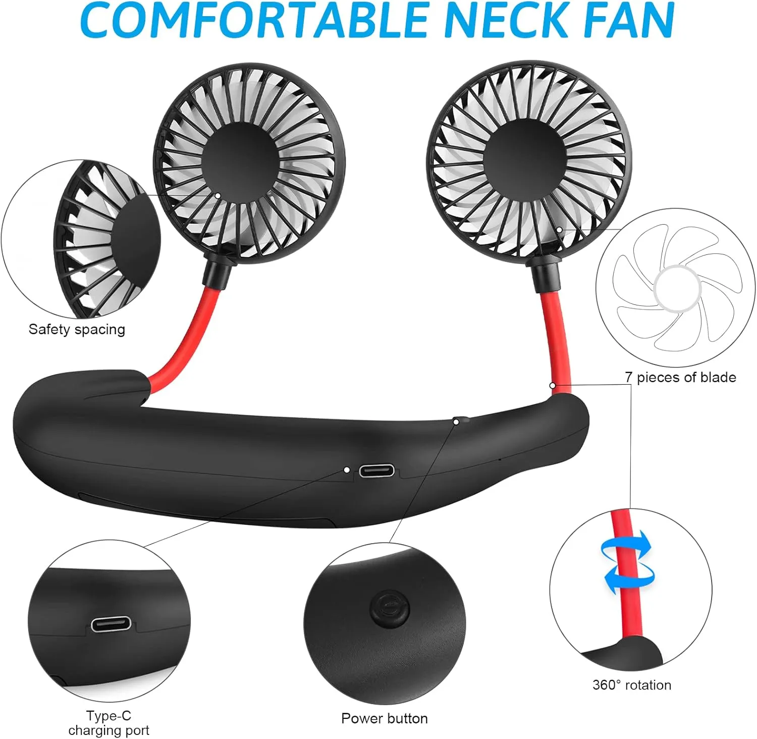 SZ-JIAHAIYU Portable Neck Fan Rechargeable USB Hands-Free Fan Personal 360 Double Headed Free Rotation 3 Speed Adjustable Wearable Face Mini Small Fan Perfect for Working, Office, Reading, Traveling