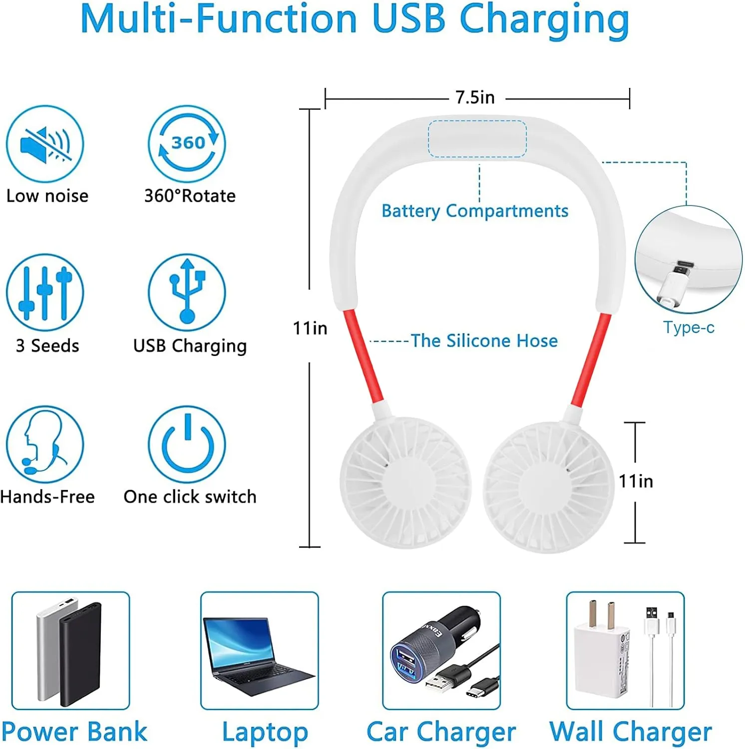 SZ-JIAHAIYU Portable Neck Fan Rechargeable USB Hands-Free Fan Personal 360 Double Headed Free Rotation 3 Speed Adjustable Wearable Face Mini Small Fan Perfect for Working, Office, Reading, Traveling