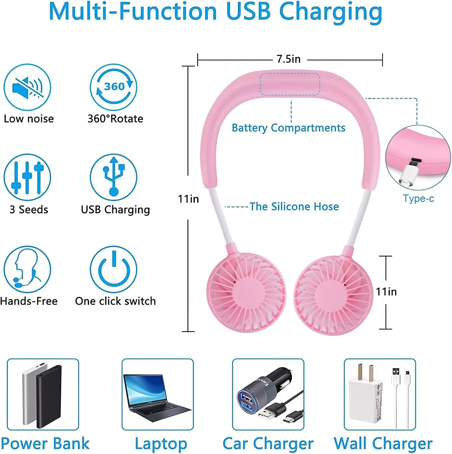 SZ-JIAHAIYU Portable Neck Fan Rechargeable USB Hands-Free Fan Personal 360 Double Headed Free Rotation 3 Speed Adjustable Wearable Face Mini Small Fan Perfect for Working, Office, Reading, Traveling