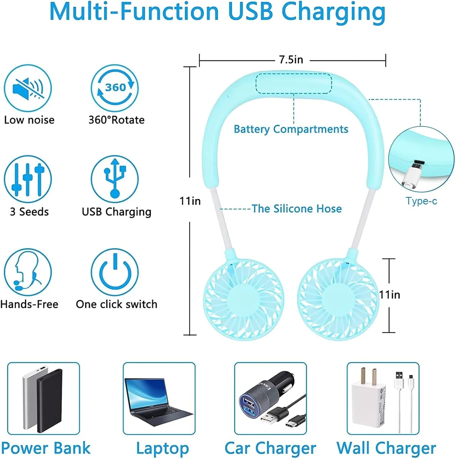 SZ-JIAHAIYU Portable Neck Fan Rechargeable USB Hands-Free Fan Personal 360 Double Headed Free Rotation 3 Speed Adjustable Wearable Face Mini Small Fan Perfect for Working, Office, Reading, Traveling
