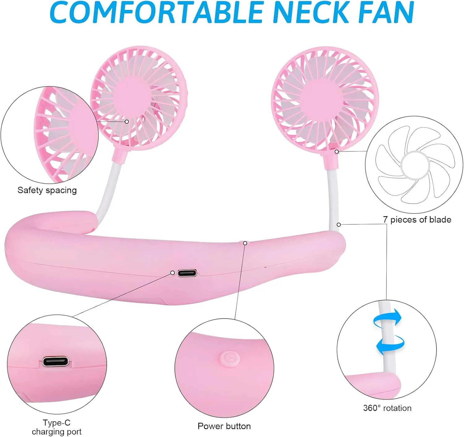 SZ-JIAHAIYU Portable Neck Fan Rechargeable USB Hands-Free Fan Personal 360 Double Headed Free Rotation 3 Speed Adjustable Wearable Face Mini Small Fan Perfect for Working, Office, Reading, Traveling