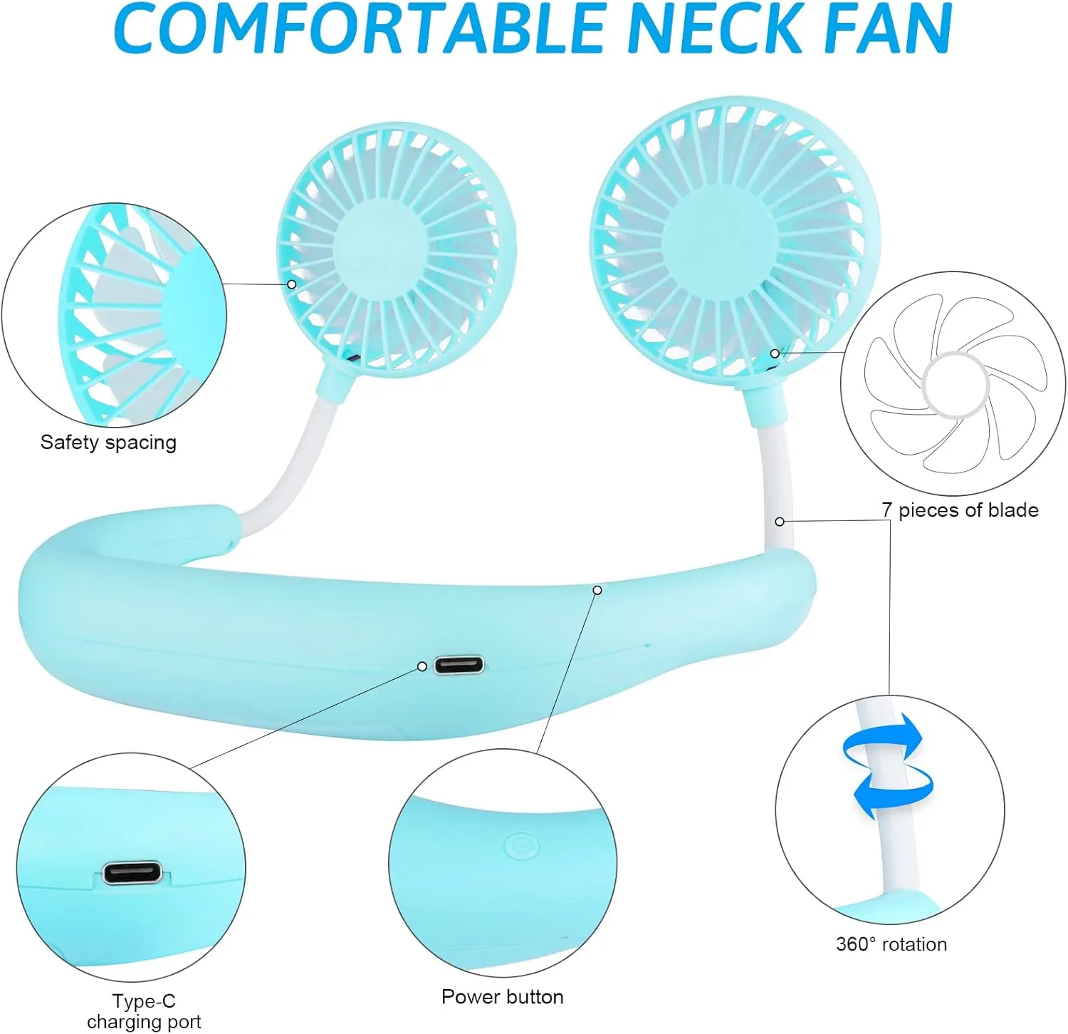 SZ-JIAHAIYU Portable Neck Fan Rechargeable USB Hands-Free Fan Personal 360 Double Headed Free Rotation 3 Speed Adjustable Wearable Face Mini Small Fan Perfect for Working, Office, Reading, Traveling