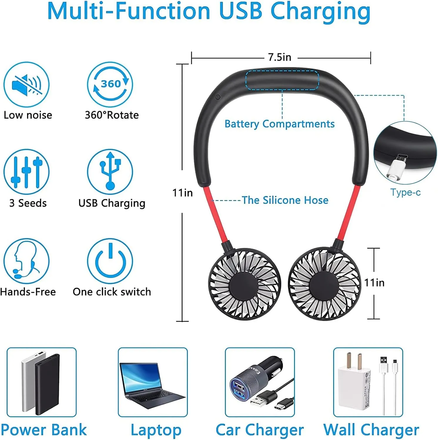 SZ-JIAHAIYU Portable Neck Fan Rechargeable USB Hands-Free Fan Personal 360 Double Headed Free Rotation 3 Speed Adjustable Wearable Face Mini Small Fan Perfect for Working, Office, Reading, Traveling
