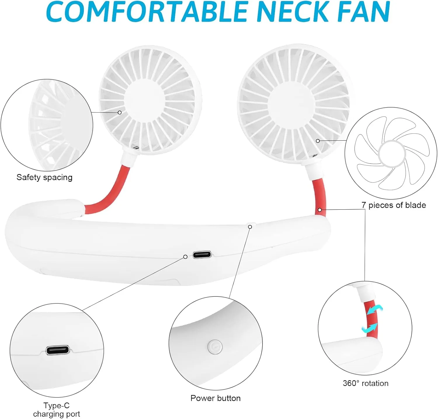 SZ-JIAHAIYU Portable Neck Fan Rechargeable USB Hands-Free Fan Personal 360 Double Headed Free Rotation 3 Speed Adjustable Wearable Face Mini Small Fan Perfect for Working, Office, Reading, Traveling