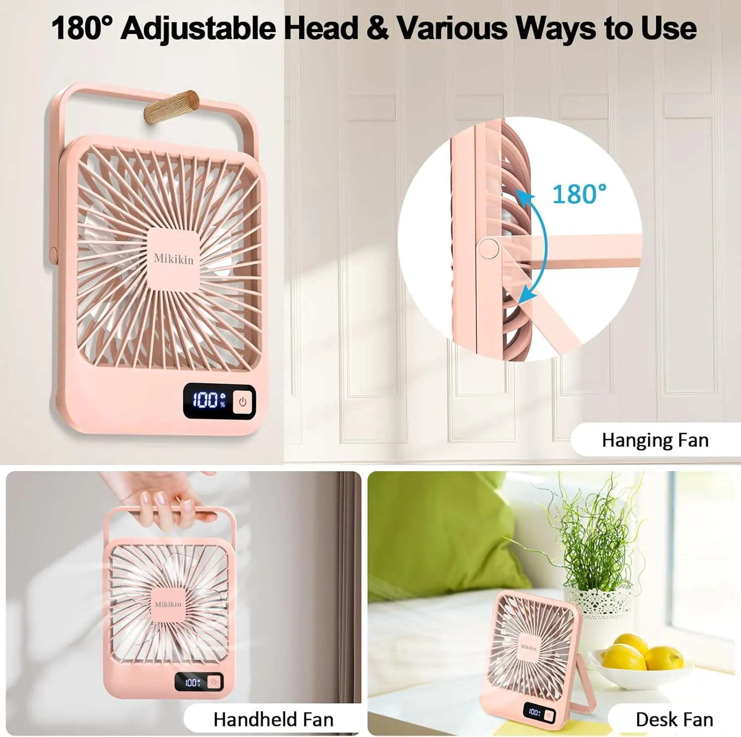Table Fan Battery Rechargeable, 2000mAh 180 Foldable Portable Personal Fan With Power Display, Ultra Quiet Suitable for Home Office Travel Desktop Outdoor, 5 Speeds - Pink