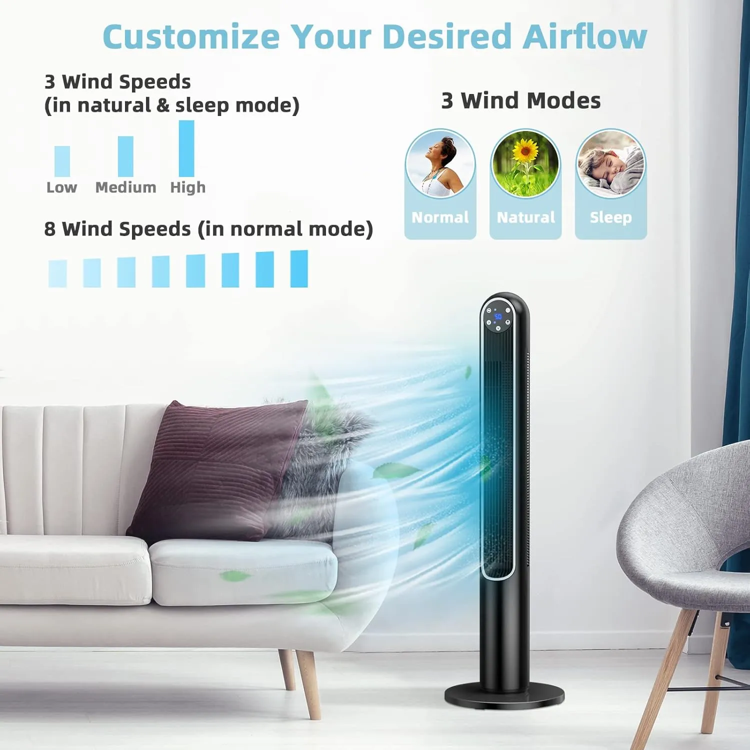Tangkula 42-Inch Tower Fan with Remote Control, 80 Oscillating Standing Fan w/LED Display, 12H Timer & 3 Wind Modes, Portable & Quiet Floor Bladeless Fan for Bedroom Living Room Home Office (Black)