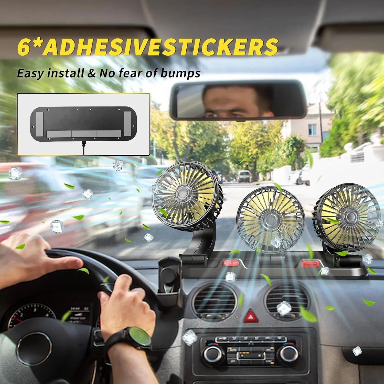 Three head 12V car fan, suitable for SUV, truck, RV, no AC, 360  rotating portable vehicle cooling fan, 2-speed, powered by cigarette lighter 360-degree rotating fan for home use