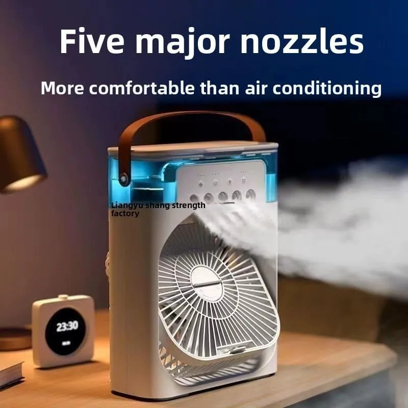 Three speed five nozzle 500ml water tank LED light USB power supply outdoor portable spray fan (without battery) (Blue)