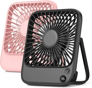 TOPK 2 Pack 5000mAh Portable Desk Fan, Ultra-thin Strong Wind Digital Display 4 Speeds Adjustable Small Quiet Battery Powered Personal Travel Fan for Bedroom, Office, Cruise, Library, Outdoor USB desktop fan for workspace