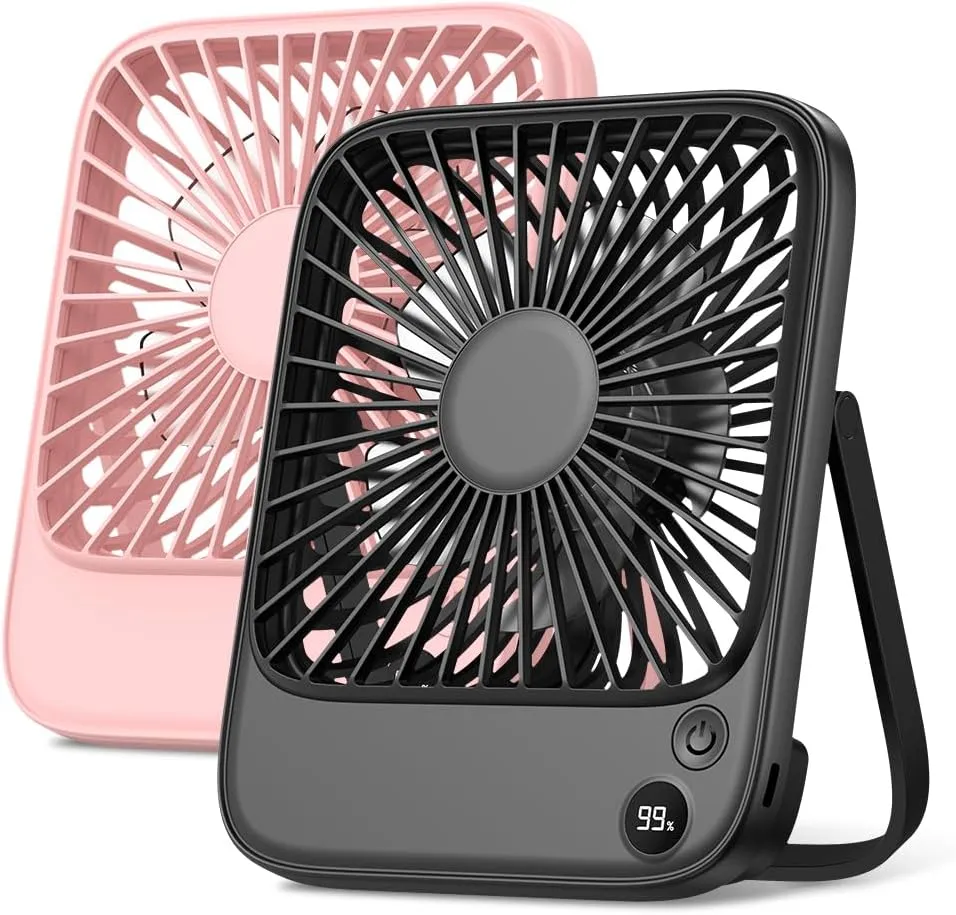 TOPK 2 Pack 5000mAh Portable Desk Fan, Ultra-thin Strong Wind Digital Display 4 Speeds Adjustable Small Quiet Battery Powered Personal Travel Fan for Bedroom, Office, Cruise, Library, Outdoor USB desktop fan for workspace