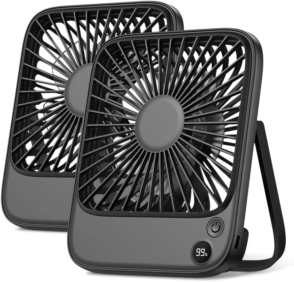 TOPK 2 Pack 5000mAh Portable Desk Fan, Ultra-thin Strong Wind Digital Display 4 Speeds Adjustable Small Quiet Battery Powered Personal Travel Fan for Bedroom,Office,Cruise,Library,Outdoor Black USB desktop fan for workspace