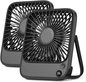 TOPK 2 Pack 5000mAh Portable Desk Fan, Ultra-thin Strong Wind Digital Display 4 Speeds Adjustable Small Quiet Battery Powered Personal Travel Fan for Bedroom,Office,Cruise,Library,Outdoor Black USB desktop fan for workspace