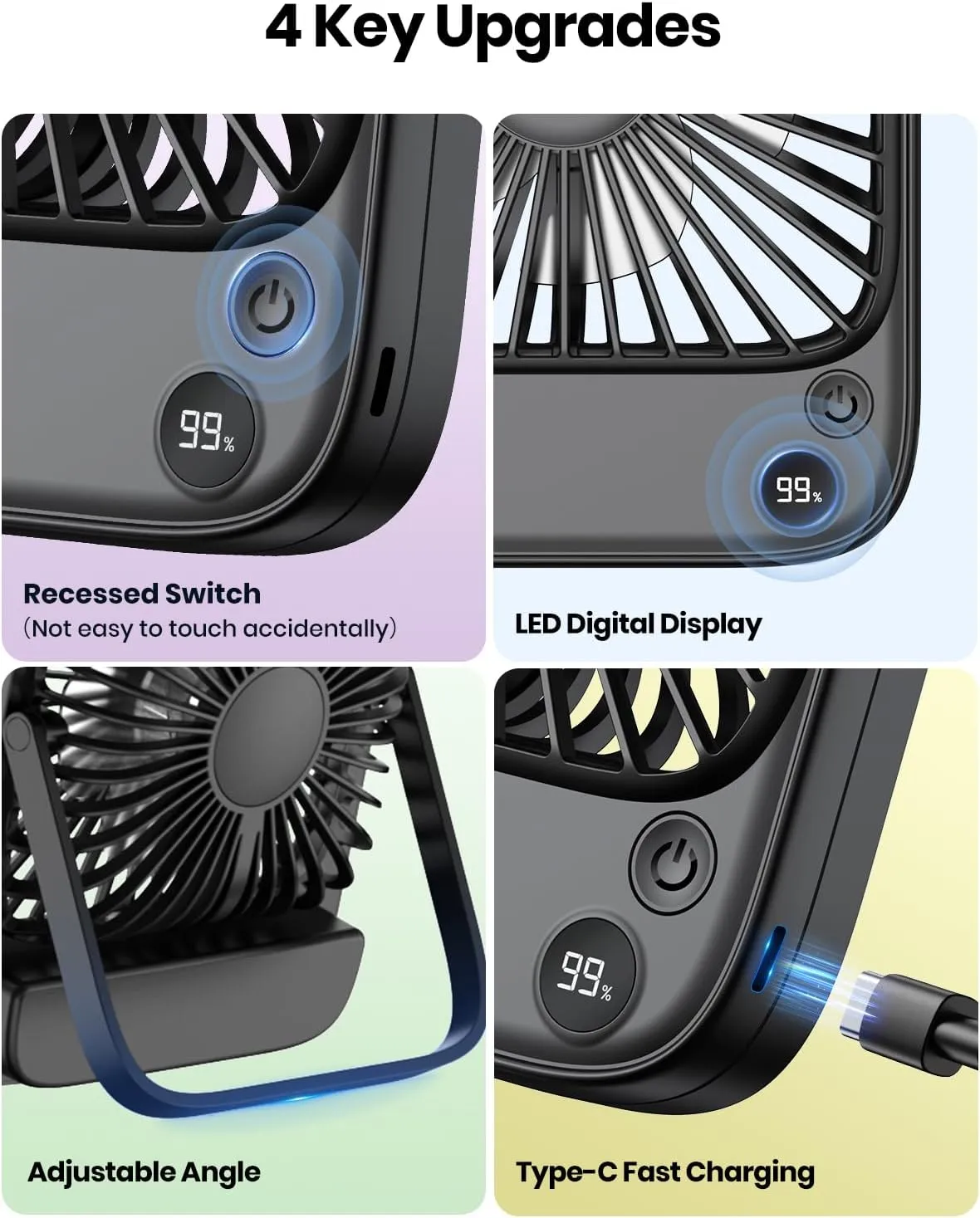 TOPK 2 Pack 5000mAh Portable Desk Fan, Ultra-thin Strong Wind Digital Display 4 Speeds Adjustable Small Quiet Battery Powered Personal Travel Fan for Bedroom,Office,Cruise,Library,Outdoor Black