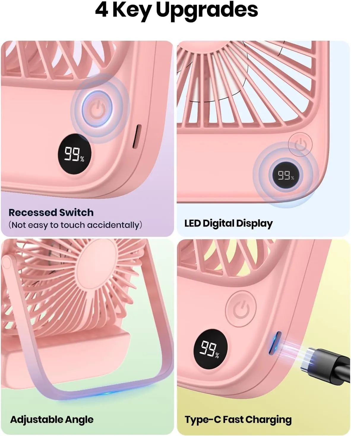 TOPK 5000mAh Portable Desk Fan Rechargeable, Battery Operated Desktop Fan, Quiet Thin Personal Fan with Power & Speed Display for Office,Travel,Library,Bedroom,Outdoor Pink