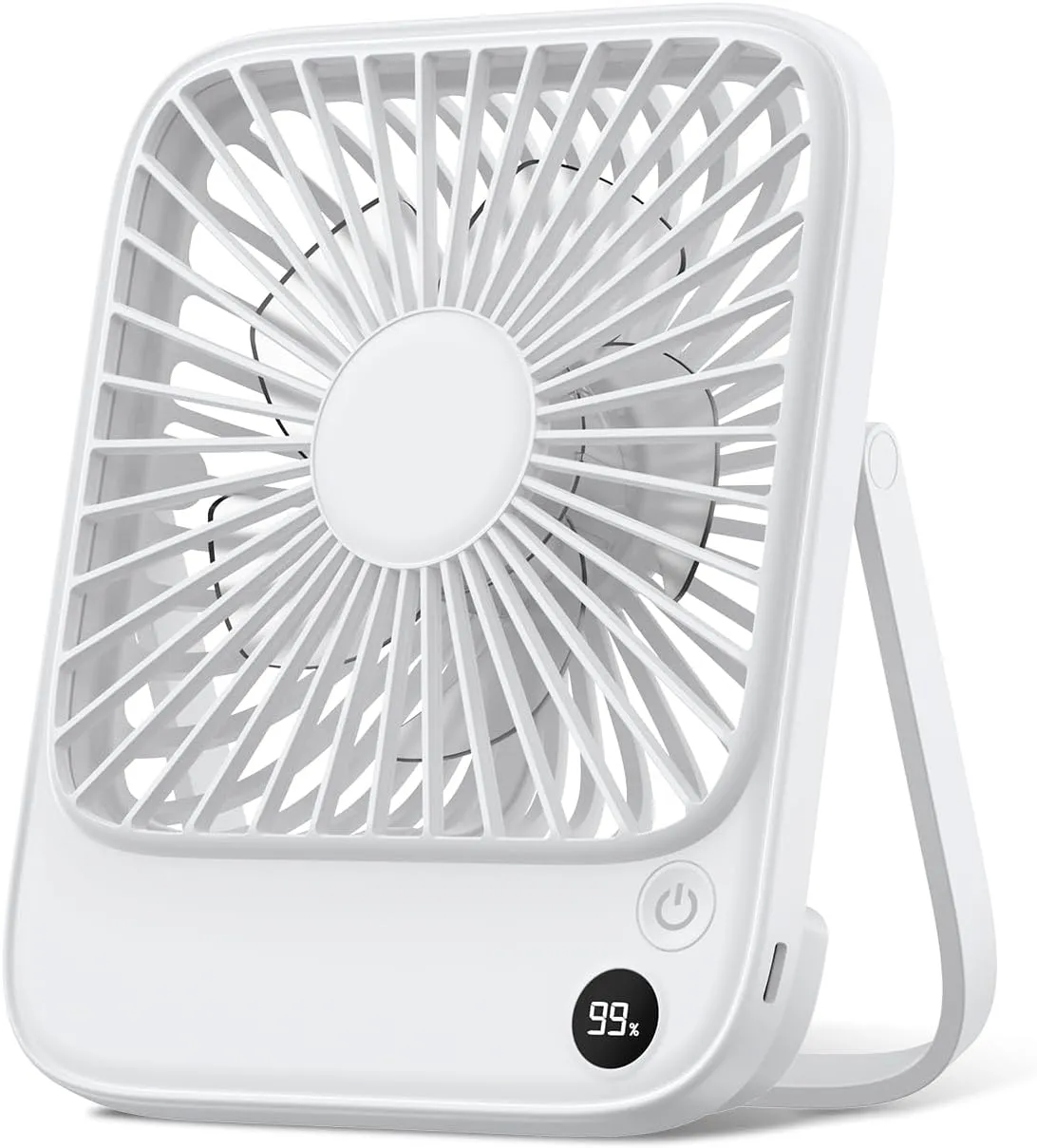 TOPK 5000mAh Portable Desk Fan Rechargeable, Battery Operated Desktop Fan, Quiet Thin Personal Fan with Power & Speed Display for Office,Travel,Library,Bedroom,Outdoor White USB desktop fan for workspace