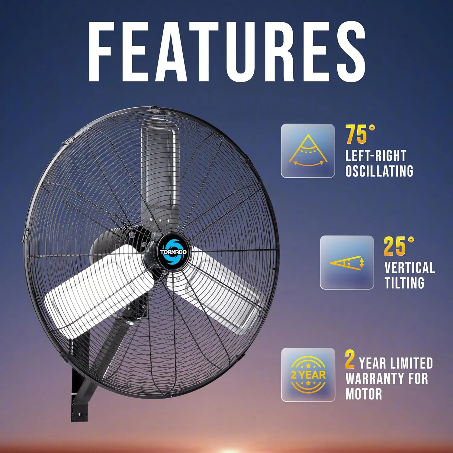 Tornado 24 Inch Pro Series High-Velocity Oscillating Wall Fan  3-Speed, 7200 CFM, 6.6 FT Cord  UL Safety Certified for Commercial & Industrial Use