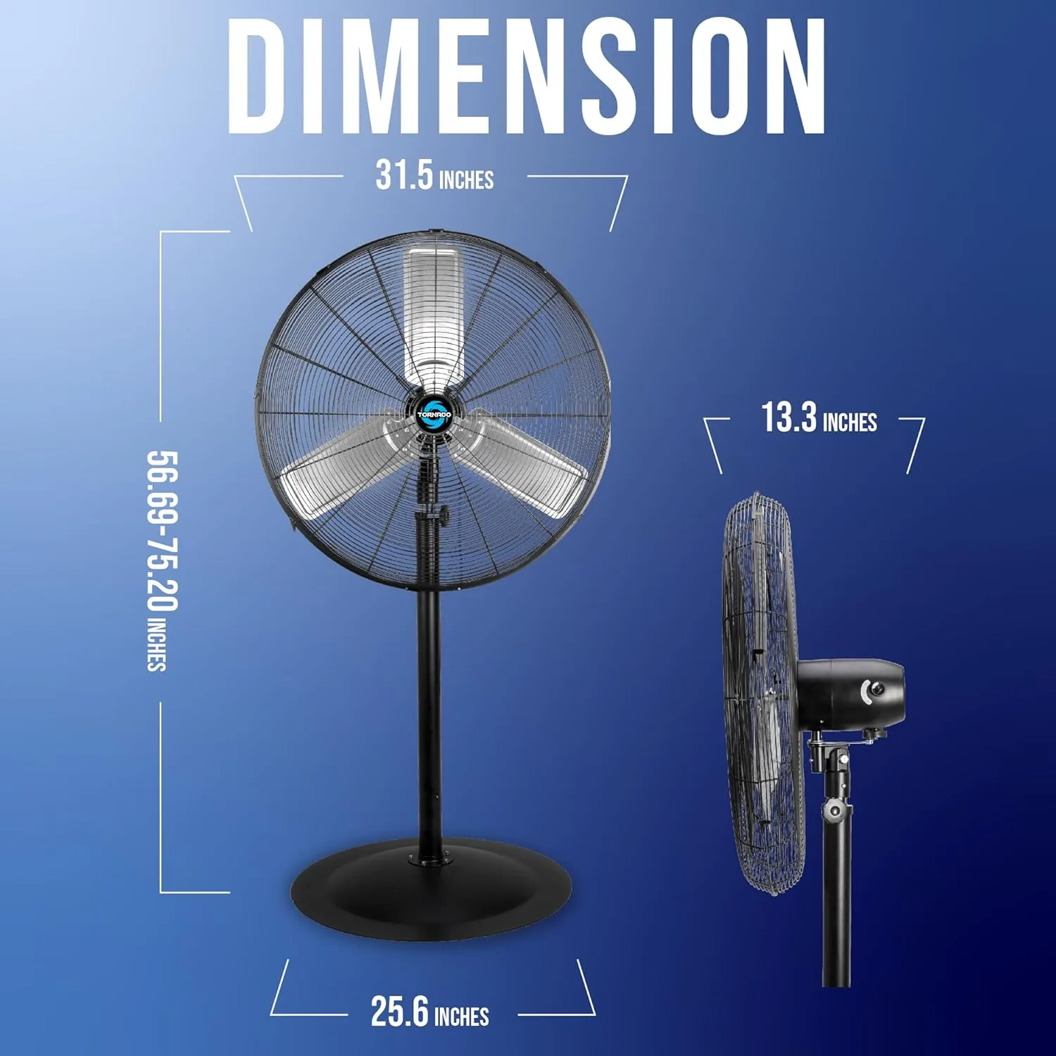 Tornado Commercial Industrial 3 Aluminum Blade Stationary Pedestal Fan, 30 Inch, Oscillating, High Velocity 8850 CFM, UL Safety Listed, Black