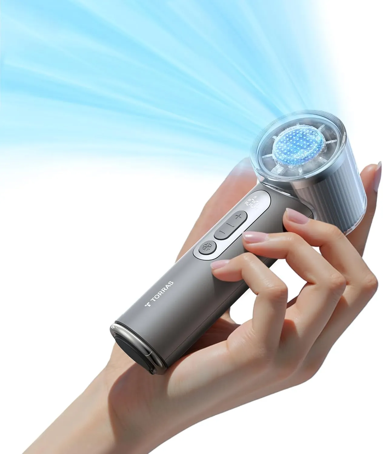 TORRAS COOLiFY iva Handheld Fan with Ice Cooler, 0-100 Adjustable Speed, Super Mini Powerful Portable Fan 5000mAh Rechargeable, Hand Fans for Travel Essentials, Outdoor, Gifts for Dad Women, Charcoal Battery-powered portable fan