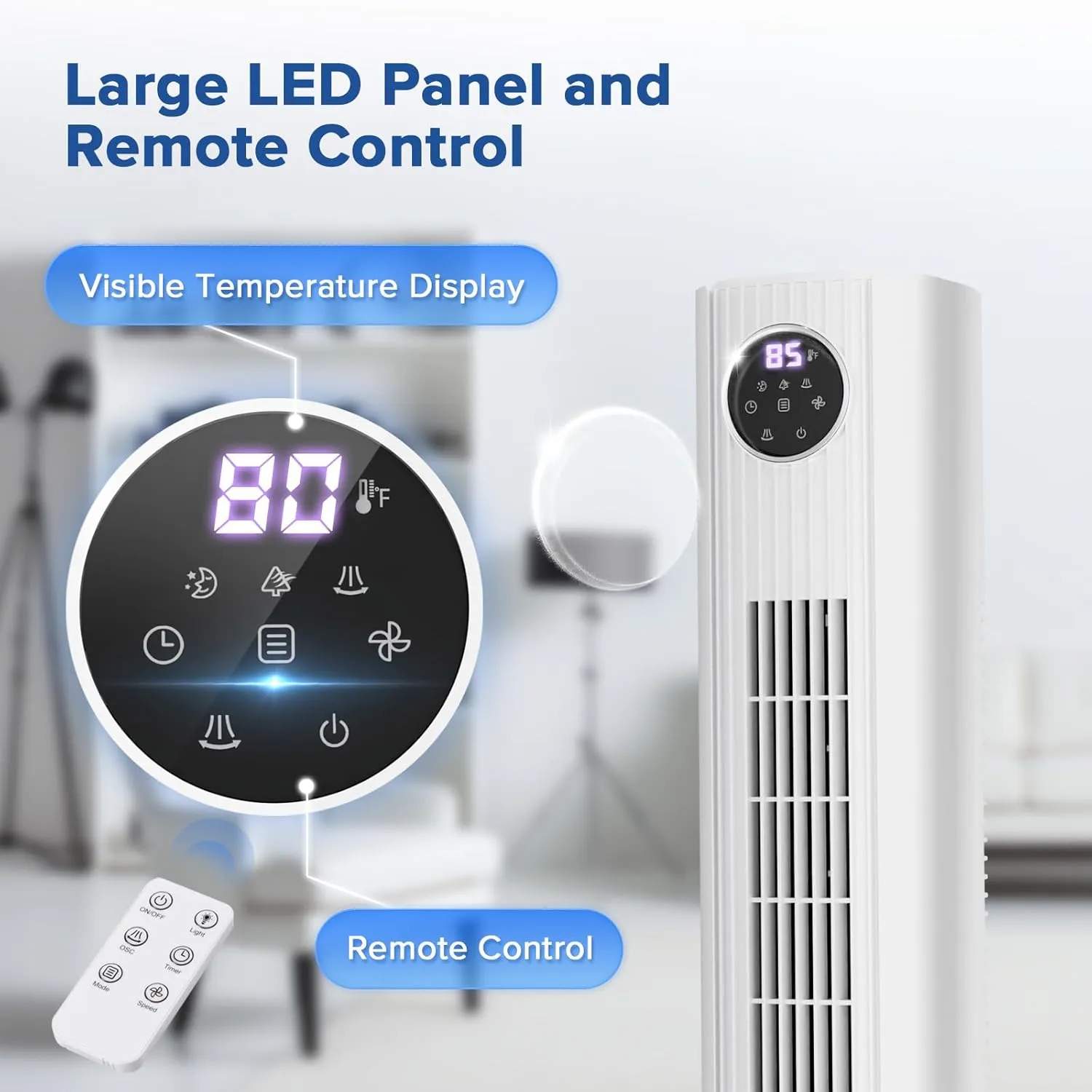 Tower Fan for Bedroom 25ft/s Standing Fan 85 Oscillating Fan with Remote, 3 Speeds, 4 Modes, 12H Timer, Portable Bladeless Floor Fan for Indoors/Home/Office, White