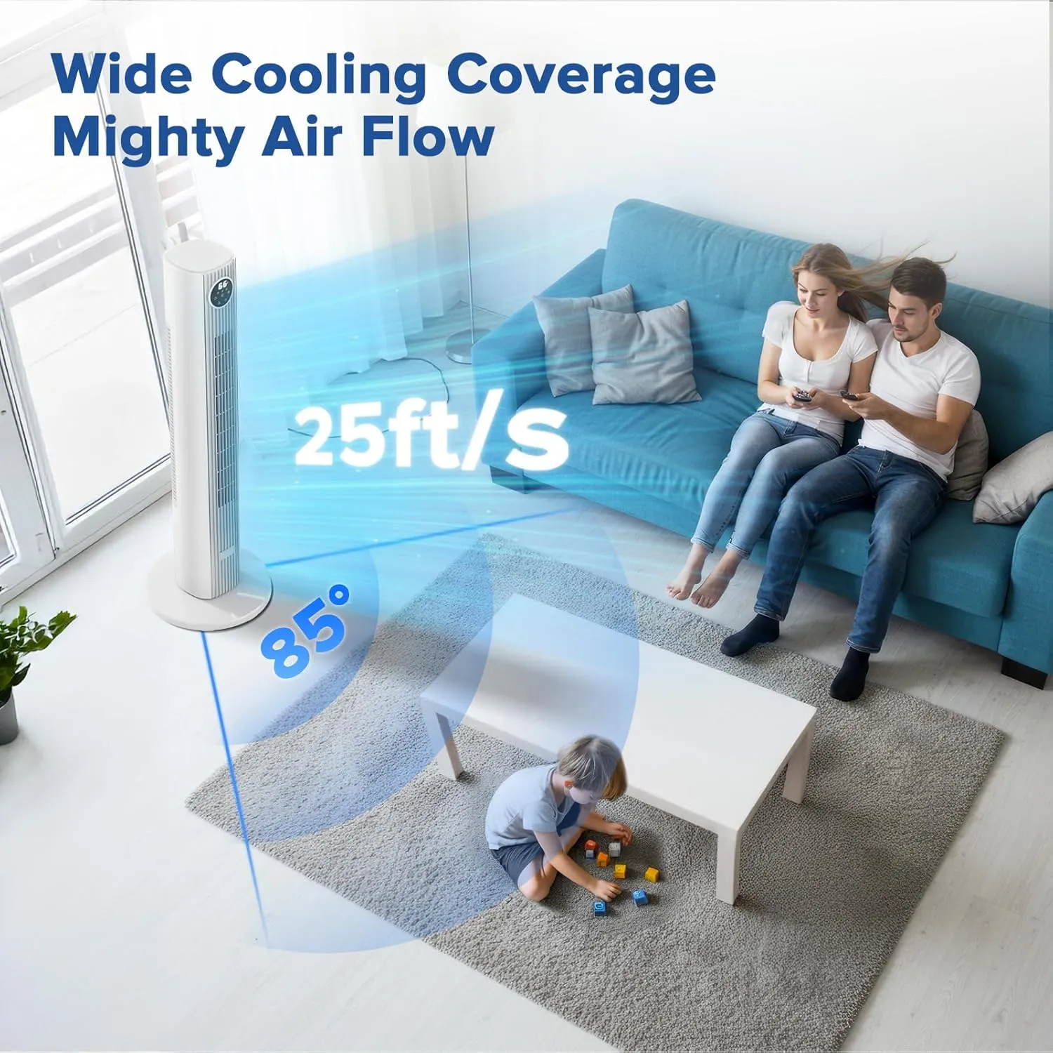 Tower Fan for Bedroom 25ft/s Standing Fan 85 Oscillating Fan with Remote, 3 Speeds, 4 Modes, 12H Timer, Portable Bladeless Floor Fan for Indoors/Home/Office, White