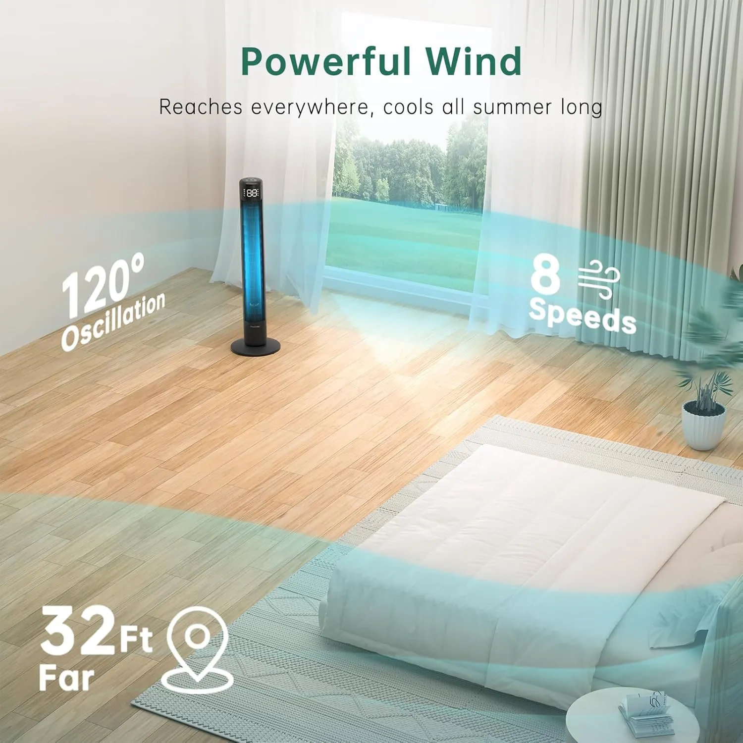 Tower Fan for Bedroom 43 inch with 120 Oscillating Quiet Cooling Tower Fan for Home, Stand up Fan with Remote & APP, Smart Floor Fan with 8 Speeds, Cooling Fan for Office/Living Room