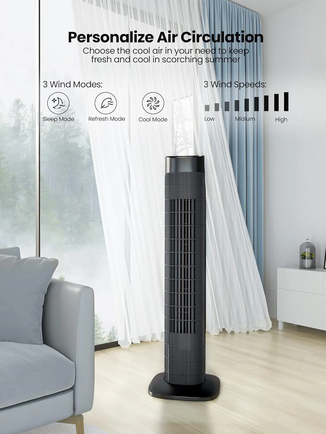 Tower Fan for Bedroom, 80 Oscillating With Remote, 7.5H Timer, 3 Speeds, Standing Bladeless Cooling Fan for Room Office 32 Inch